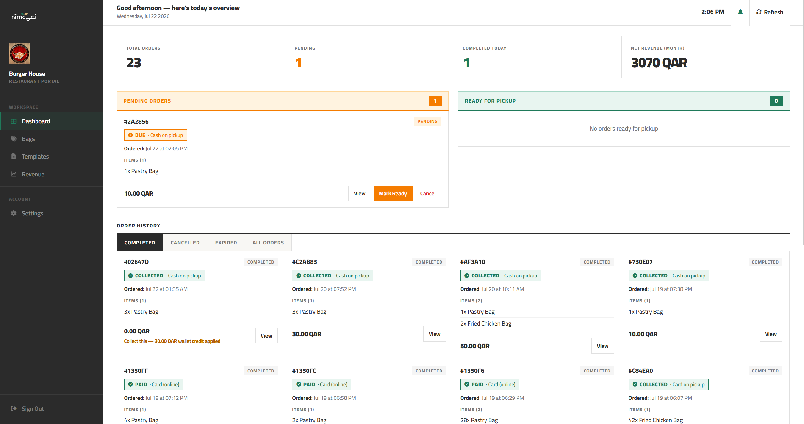 Ni'ma restaurant dashboard overview
